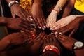 Hands of happy group of African Latin American and European people which stay together in circle Royalty Free Stock Photo