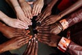 Hands of happy group of African Latin American and European people which stay together in circle Royalty Free Stock Photo