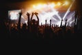 Hands of happy people crowd having fun at stage at summer live rock fest Royalty Free Stock Photo