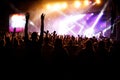 hands of happy people crowd having fun at stage at summer live rock fest Royalty Free Stock Photo