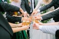 Hands of happy people toasting and cheering with glasses of champagne, celebrating wedding, close up Royalty Free Stock Photo