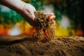 Hands hard at work in the soil, Close-up of farmer hands holding a handful of earth,