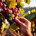 Hands harvesting and handling grapes on the vine in vinyard farm