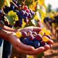 Hands harvesting and handling grapes on the vine in vinyard farm