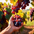 Hands harvesting and handling grapes on the vine in vinyard farm