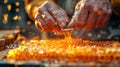 Hands harvesting honey from honeycomb. Beekeeper using tool in honey processing. Concept of natural honey production Royalty Free Stock Photo