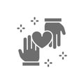 Hands with heart, donation, volunteering, charity, good deeds grey icon.