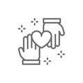 Hands with heart, donation, volunteering, charity, good deeds line icon.