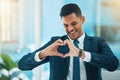 Hands, heart and happy business man with love, care and kindness of like emoji in office. Corporate employee, smile and Royalty Free Stock Photo