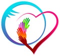 Hands with heart health care medical teamwork vector design.