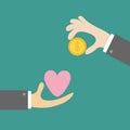 Hands with heart and money gold dollar coin. Exchanging concept. Selling love symbol. Business icon set. Flat design style. Green