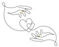 Hands with heart one line art, love concept continuous contour drawing, hand-drawn. Bridal, nuptials, engagement symbol. Editable