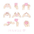 Hands with Heart Shape doodle set vector. Hand drawn illustration Royalty Free Stock Photo