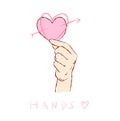 Hands with Heart Shape doodle set vector. Hand drawn illustration Royalty Free Stock Photo