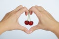 The hands with heart shape love consept and cherry inside