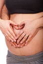 Hands heart shape on pregnant belly Royalty Free Stock Photo