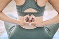 Hands, heart and woman fitness yoga health for mental health in park outdoors. Young athlete girl, healthy lifestyle Royalty Free Stock Photo