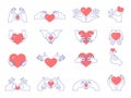 Hands with hearts. Conceptual symbols of donation happiness friendship and love pictures recent vector set