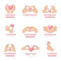 Hands hearts. Donation love and helping symbols recent vector stylizing pictures for friendship and happiness Royalty Free Stock Photo