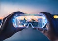 Futuristic smart glasses are displayed against a blurred background. Royalty Free Stock Photo