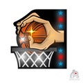 Hands hold basketball ball above basket slam dunk. Sport logo for any team or competition isolated