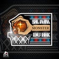 Hands hold basketball ball above basket slam dunk. Sport logo for any team