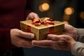 Hands hold a beautiful gift box with a ribbon and white tulips, Gift Giving, Surprise Gift - Ai Generated