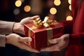 Hands hold a beautiful gift box with a ribbon and white tulips, Gift Giving, Surprise Gift - Ai Generated