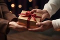 Hands hold a beautiful gift box with a ribbon and white tulips, Gift Giving, Surprise Gift - Ai Generated