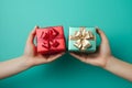 Hands hold a beautiful gift box with a ribbon and white tulips, Gift Giving, Surprise Gift - Ai Generated