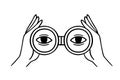 Hands hold binoculars and look through. outline web surfing or search engine concept, research. Doodle vector crayon Royalty Free Stock Photo