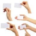 Hands hold business cards collage on white backgro Royalty Free Stock Photo