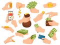 Hands hold cash. Human arm give money and pay in dollar bill banknotes, coin piles, card and phone app. Hand with wallet