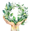 Hands hold circular floral emblem, wreath with green leaves, AI generative concept image