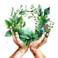Hands hold circular floral emblem, wreath with green leaves, AI generative concept image