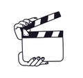 Hands hold a clapperboard before filming. Outline of the director's clapperboard. Vector illustration of a tool for