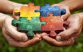 Hands hold colorful puzzle pieces,symbolizing collaboration and unity,DEI theme