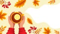 Hands hold a cup, lemon tea, autumn leaves Royalty Free Stock Photo