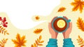 Hands hold a cup, lemon tea, autumn leaves top view Royalty Free Stock Photo