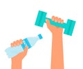 Hands hold dumbbell and bottle water. Time for sports during quarantine and isolation of house. Sport, healthy lifestyle, activity