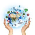 Hands hold Earth with buildings and trees Royalty Free Stock Photo