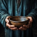 Hands hold empty bowl, portraying the harshness of hunger and economic hardship Royalty Free Stock Photo