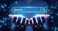 Hands hold futuristic glowing search bar interface digital network background technology concept isolated on white background Royalty Free Stock Photo