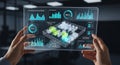 Hands holding a futuristic digital tablet displaying warehouse inventory and order data Royalty Free Stock Photo