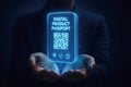 Person Holding Digital Product Passport with QR Code and Icons QR code technology Royalty Free Stock Photo