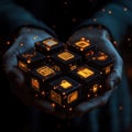 Hands hold glowing digital cubes representing secure data storage. Tech icons like encryption lock, file, email, calendar, Royalty Free Stock Photo