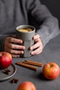 Hands hold a gray glass with homemade apple punch or cider with apples and cinnamon on a dark background with fresh fruits and