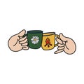 Hands hold green and yellow hiking mugs. Cartoon hands clink glasses. Vector stock illustration of a friendly camping