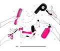 Hands hold grooming tools for dog`s fur and hair care.Vector set in doodle style.Glamour vet equipment.Combing and washing. Royalty Free Stock Photo