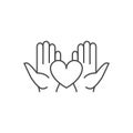 Hands hold heart care line icon. Save life health patient human vector outline symbol Royalty Free Stock Photo